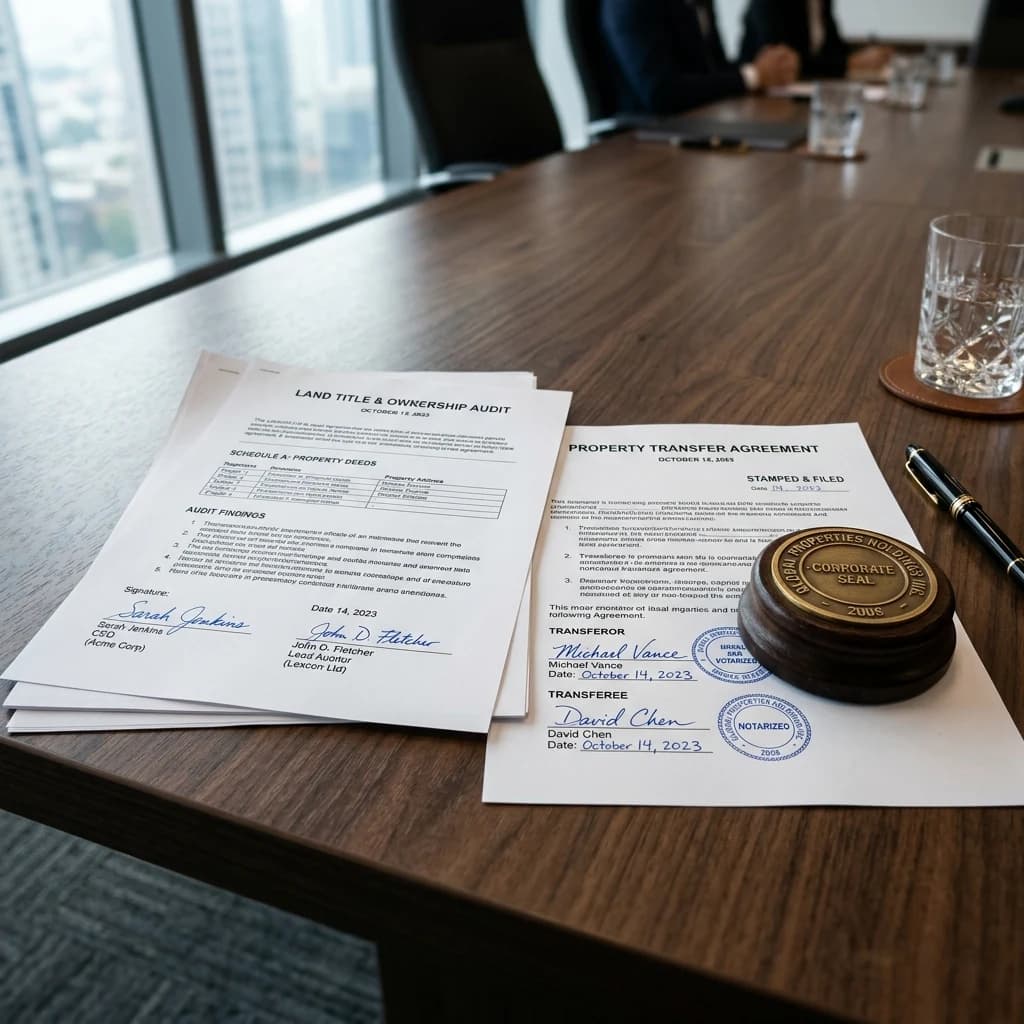 Legal contracts, land title audit documents, and corporate seal